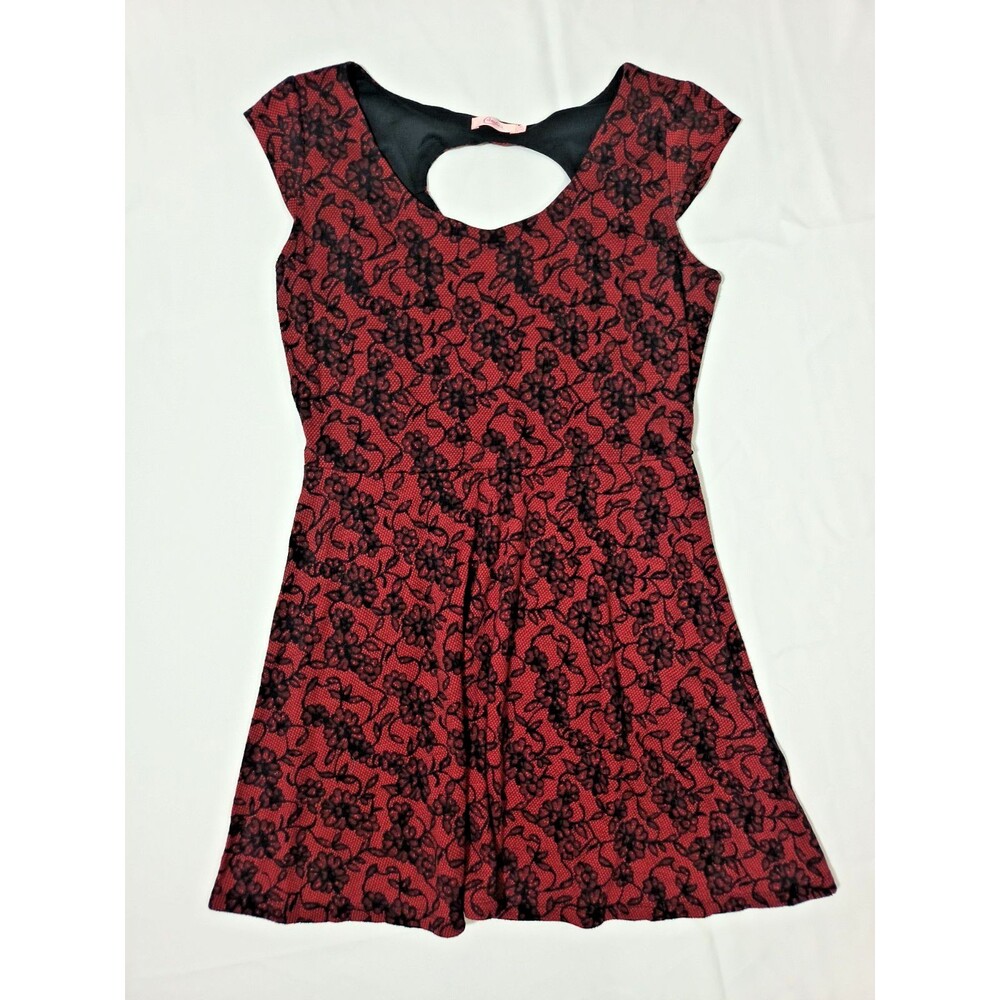 Candie's Women's XL Red Black Floral Lace Fit & Flare Dress Cutout Back